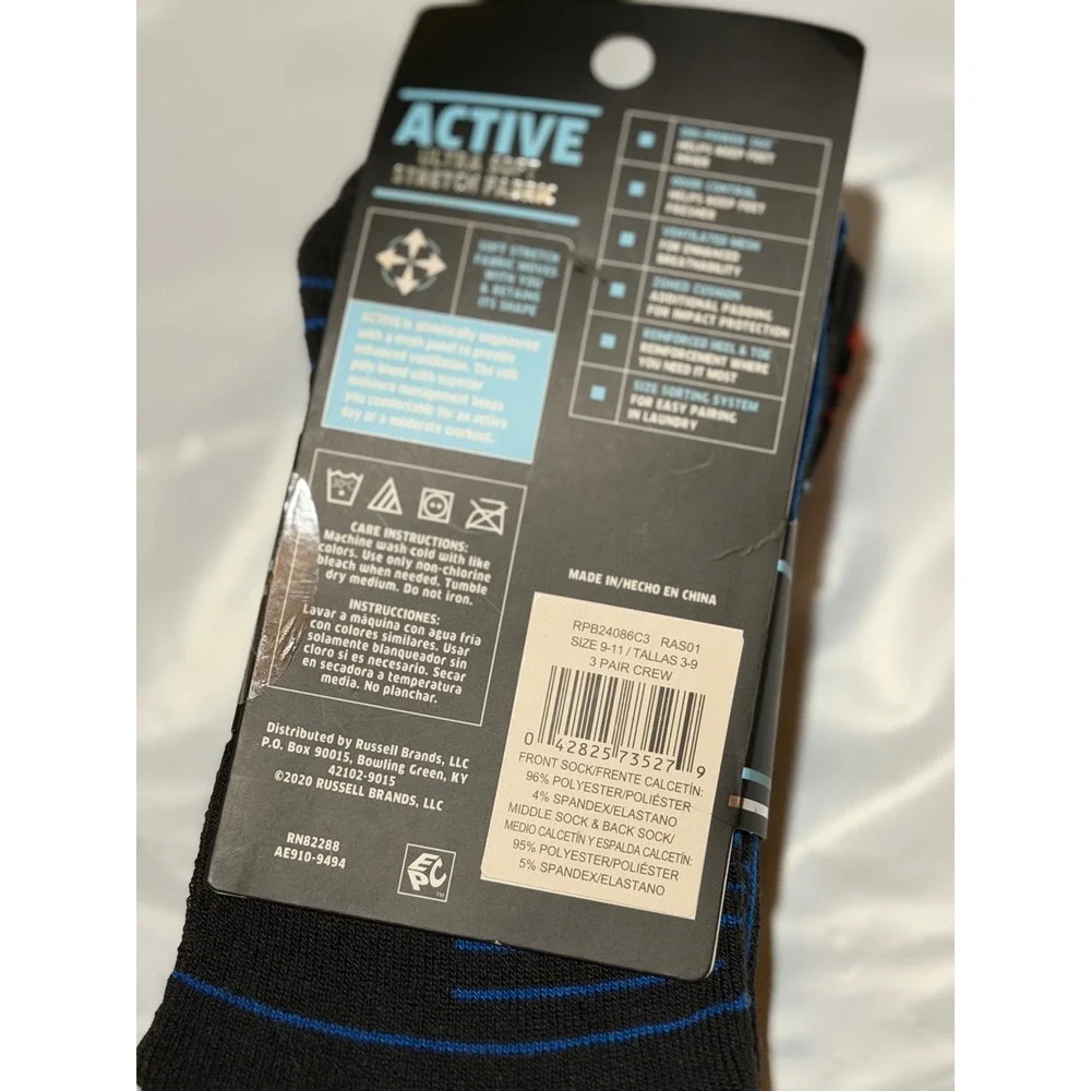 Russell Performance Active Crew Socks Red Camo Blue Stripe 3 Pair‎ Large Boys